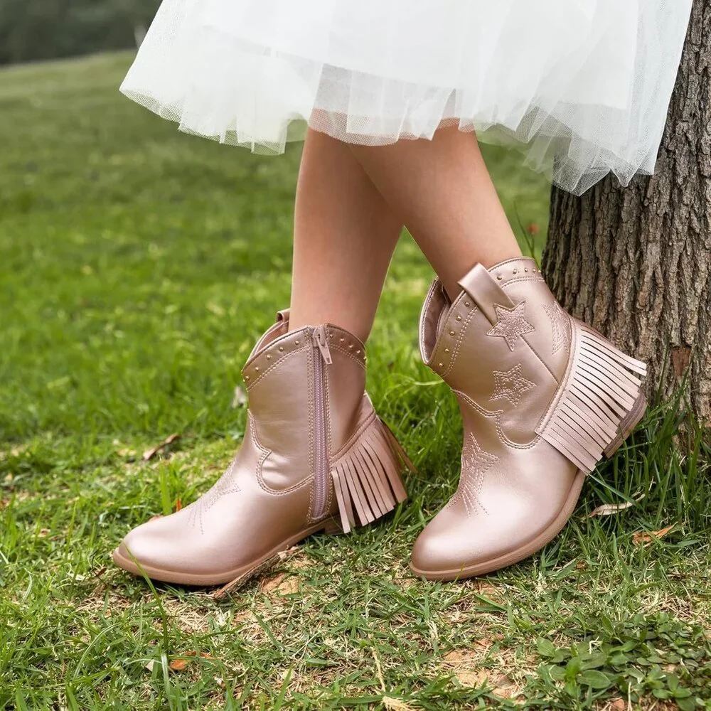 ⚡Girls Rose Gold Cowgirl Ankle Western Boot Side Zipper Riding Shoes With Tassel